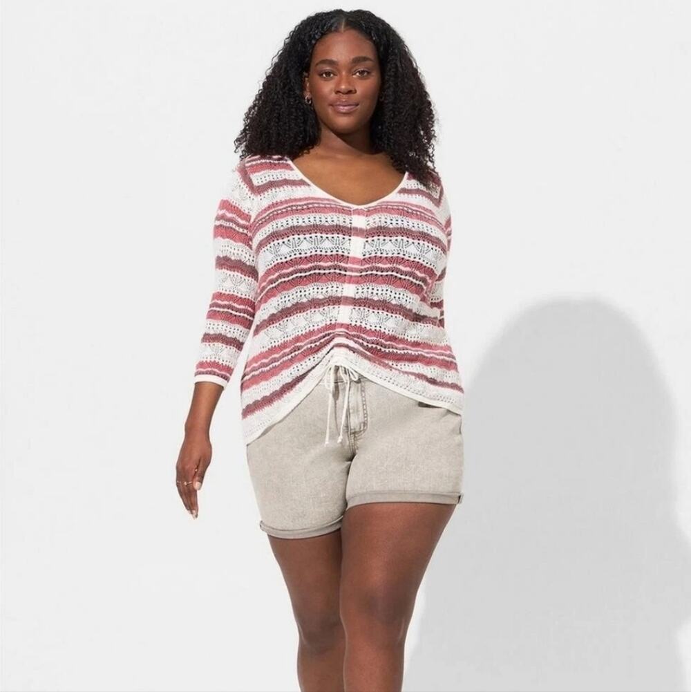 TORRID Open Stitch Pullover V-Neck Cinched Front Sweater Boho Plus Sz 3X
